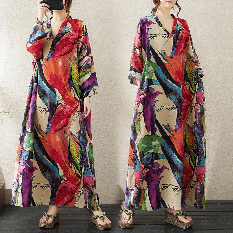 

2024 Autumn New Cotton V-neck Loose Long-sleeved Women's Long Maxi Dress Boho Streetwear vestidos