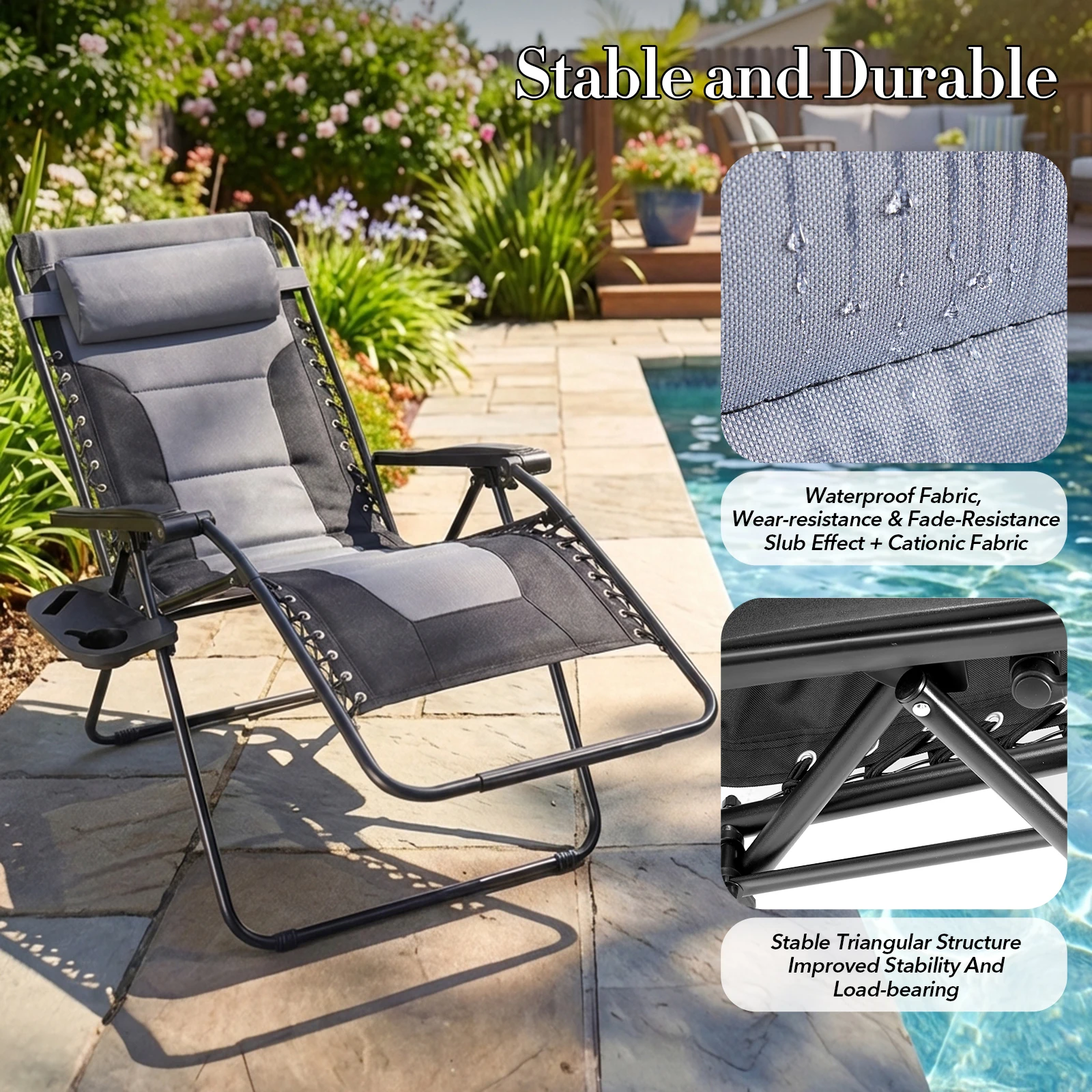 JHK Oversized Zero Gravity Cotton Padded Reclining Chair Foldable Lounge Chair with Adjustable Pillow Cup Holder For Patio image 6
