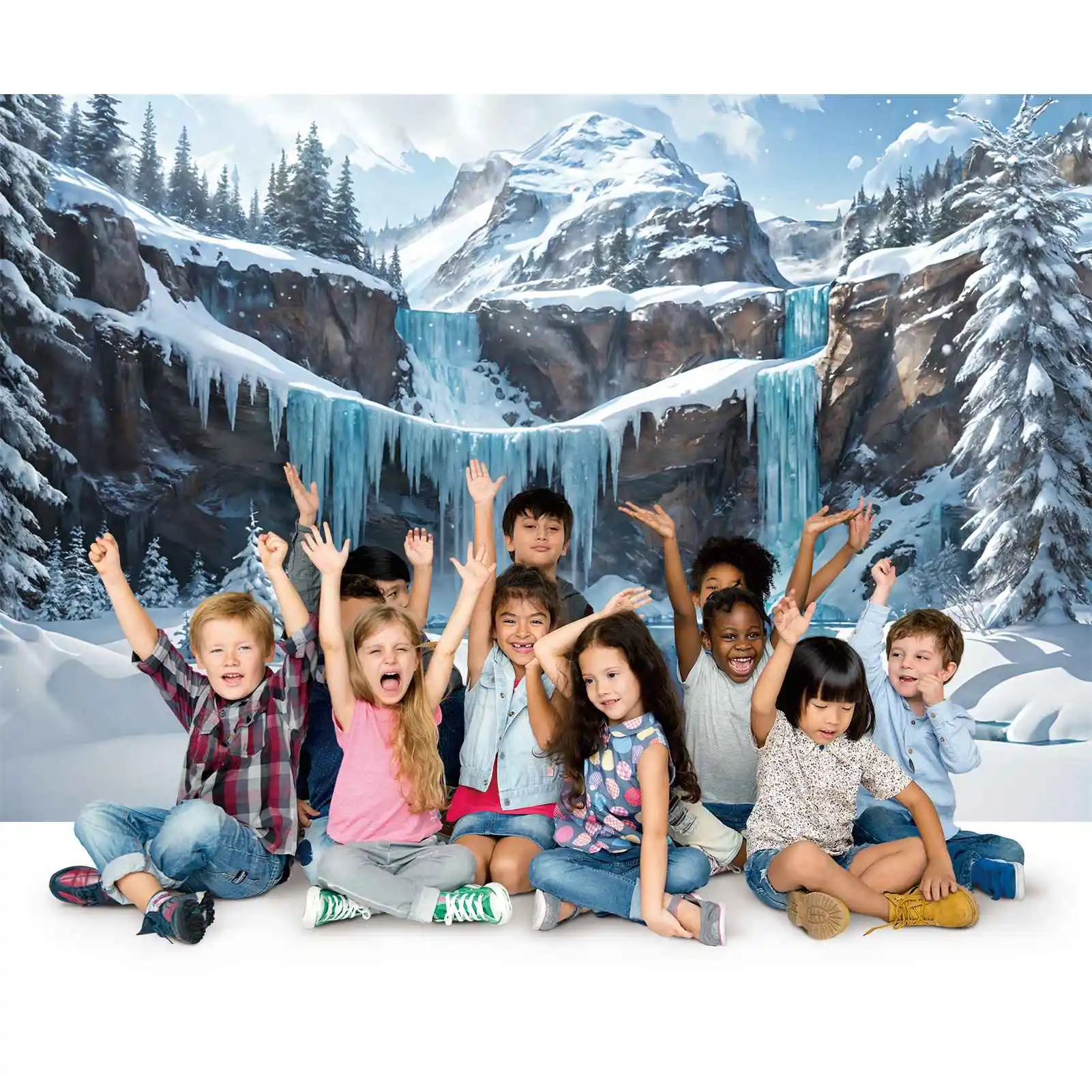 Zimowe tło fotografii zamarzniętego wodospadu Bluey Snow Mountains spersonalizowane tło zdjęcie dziecka stoiska fotograficznego