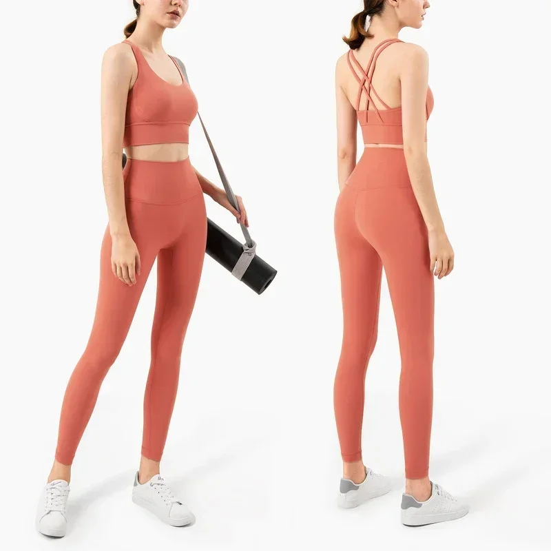 Women's Solid Color 2 piece Yoga Suits High Intensity Cross Back Yoga Bra High Waist Hip Lift Leggings Running Training Sets