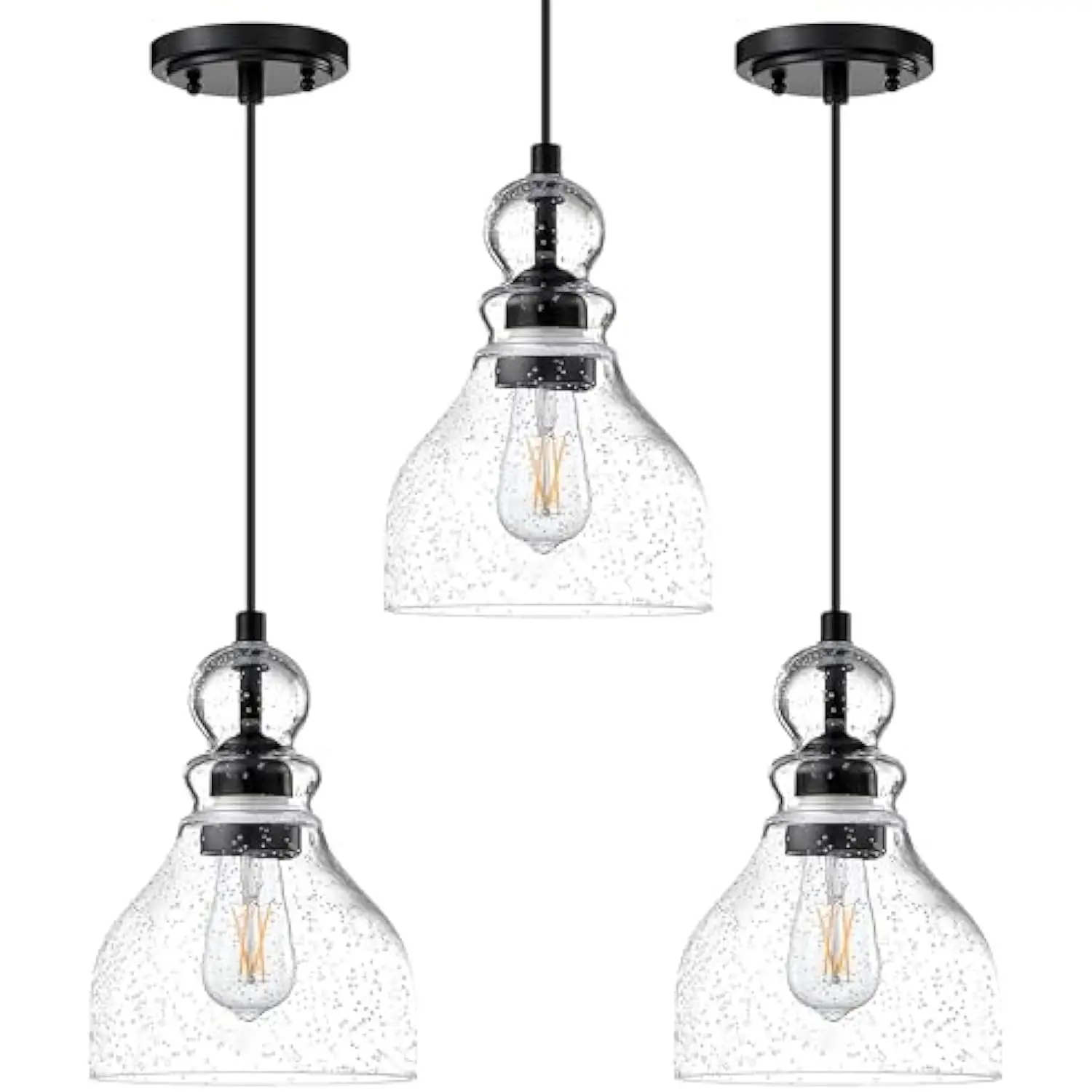 

3 Pack 1 Light Pendant Ceiling Light Adjustable Cord Kitchen Island 6.5" Seeded Glass Black Finish Modern Industrial Farmhouse
