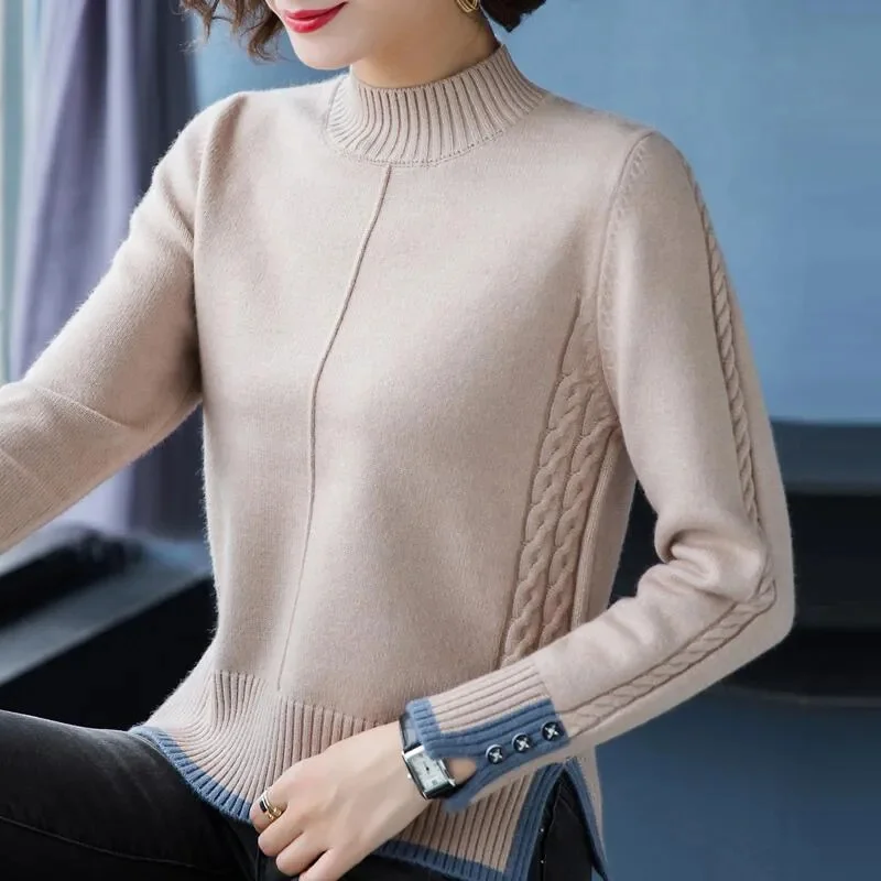 Suéter de punto para mujer, Jersey corto de Cuello medio alto, camiseta de fondo coreana, otoño e invierno, novedad de 2023