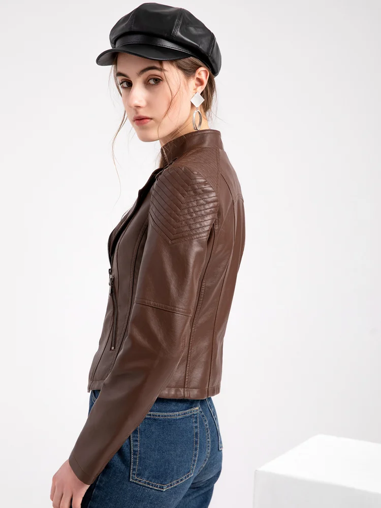 Women's PU Faux Leather Short Jacket, Slim Thin Leather Jacket, Ladies Motorcycle Suit, Lapel, Spring and Autumn, 2024