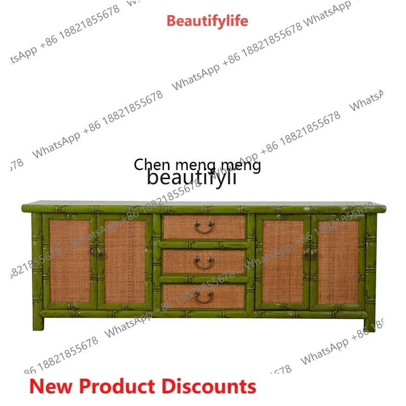 ss8350 New Chinese-style retro rattan TV cabinet display cabinet, simple modern household solid wood, large-capacity storage cab
