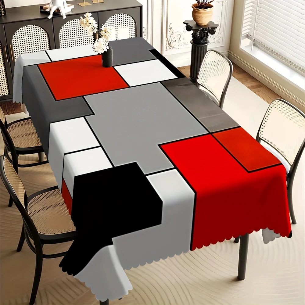 One red and black geometric pattern rectangular tablecloth - made of durable polyester fiber