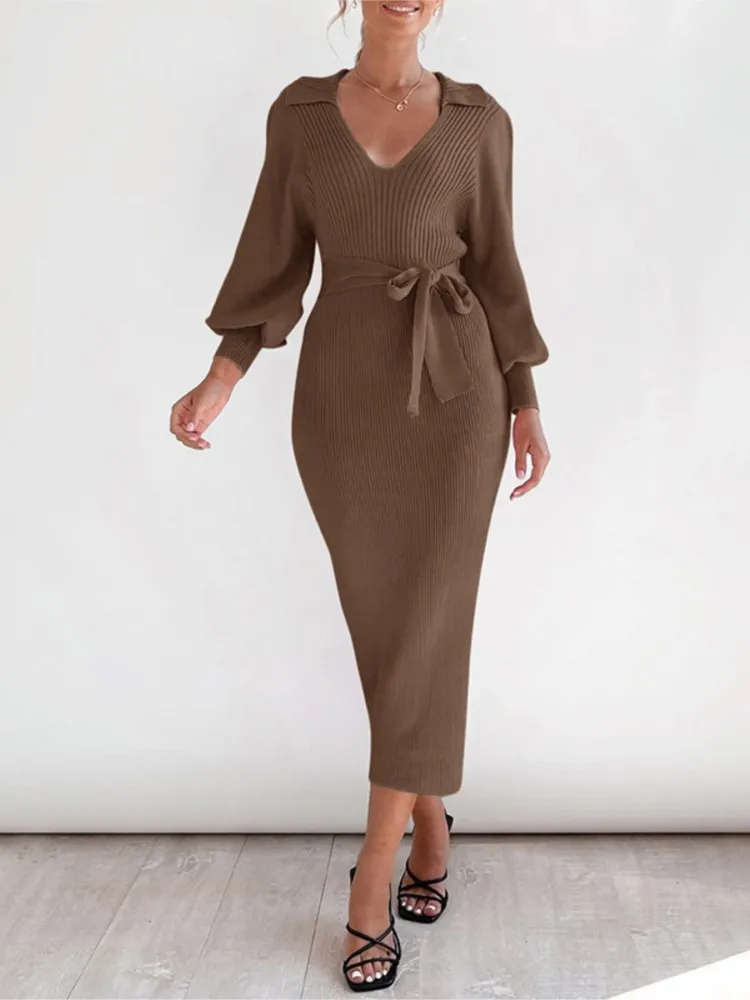 

Retro Dress Vestidos Dresses 2025 Woman Vestido Femininos Elegant Intellect Knitted Lantern Sleeves Leace-up Slim Simple Style