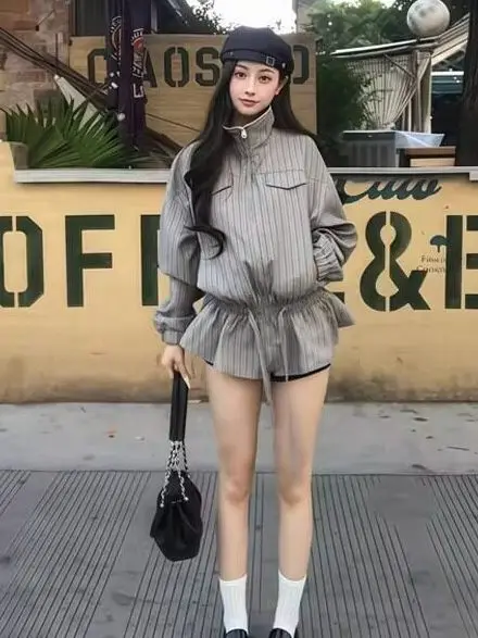 

Ретро-кардиган в американском стиле с полосками, воротником-стойкой и длинными рукавами, свободный, средней длины, повседневная рубашка, весенний модный топ для женщин