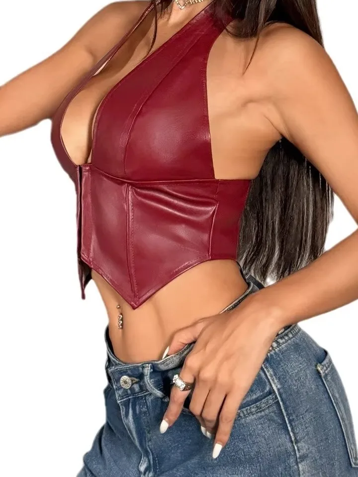 

Sexy PU terne Top Waist Cinched Women's Street Sle Vest Strap Thin Polyester Summer Faion Casual Regular Length