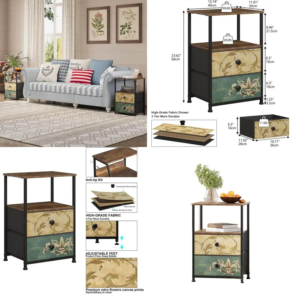 

Retro Flower-Printed 2-Drawer Nightstand with Open Shelf for Bedroom or Living Room