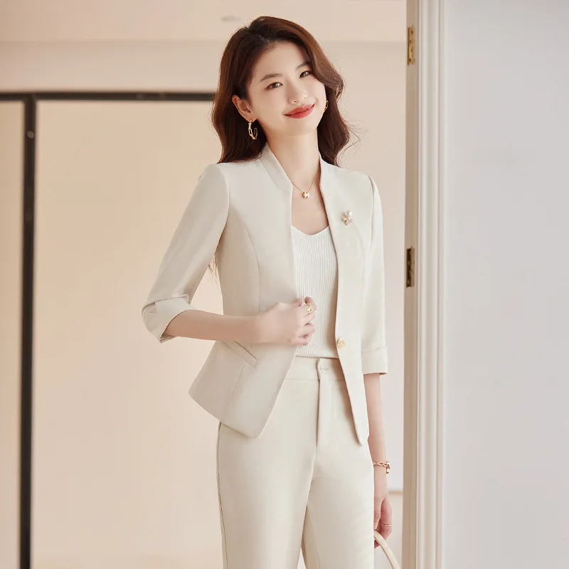 

Stand Collar Small Suit Jacket Women's 3/4 Sleeve Spring and Summer2024New Small Slim Fit Short Professional Tailored Suit Suit