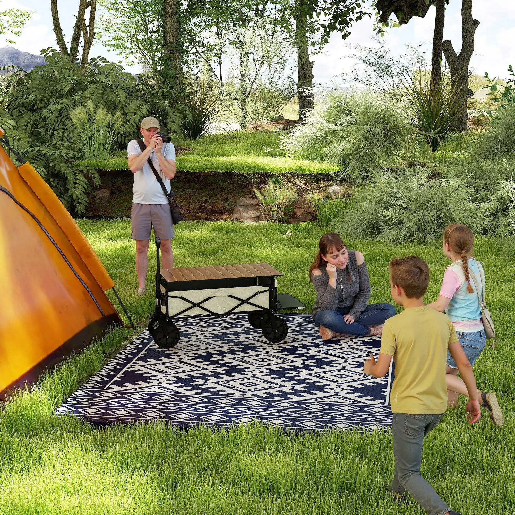 Reversible Outdoor Rug, Waterproof Plastic Straw with Carry Bag, 8' X 10', Blue & White Rhombus Border