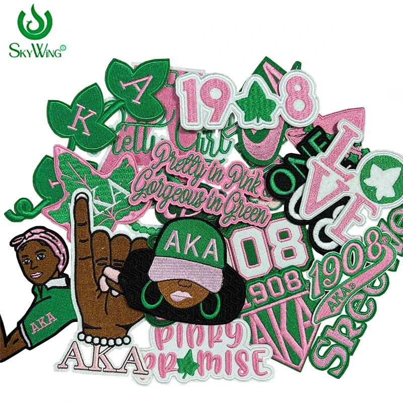 Iron on Embroidery Patches for Soror Girls, Alpha Kappa Alpha Sorority, Pink &Green AKA, Pretty Girl, SkeeWee, Ivy Leaf