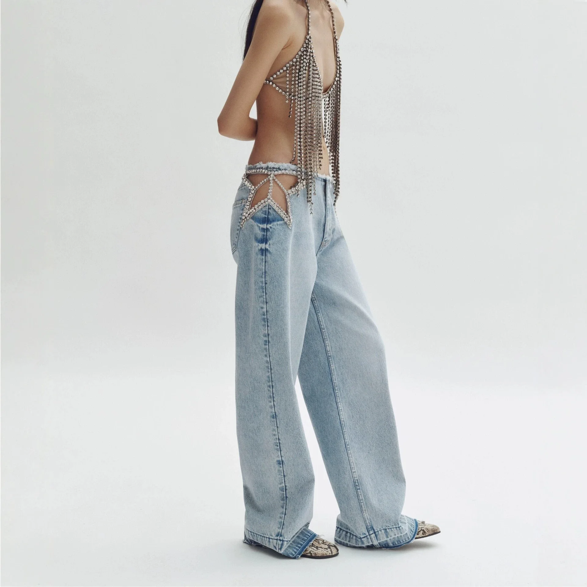 GG Y2K Star Graphic Recessed Rhinestone Jeans Women Harajuku Retro Light Blue Baggy Denim Trousers Goth Sexy Low Waist Pants