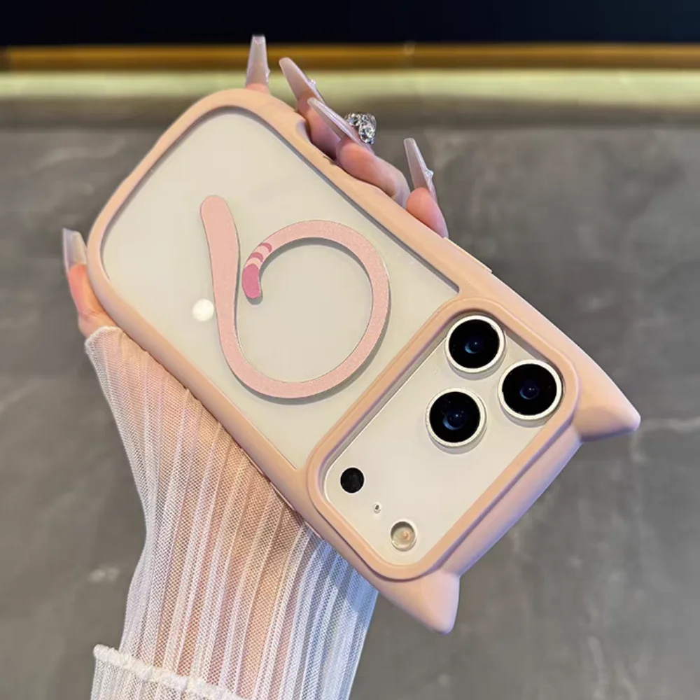 Funda Magsafe con orejas de gato para iPhone 17 Pro Max 17 Air 13 14 15 16 Pro Max, correa para muñeca, cordón, cubierta magnética transparente para armadura de PC