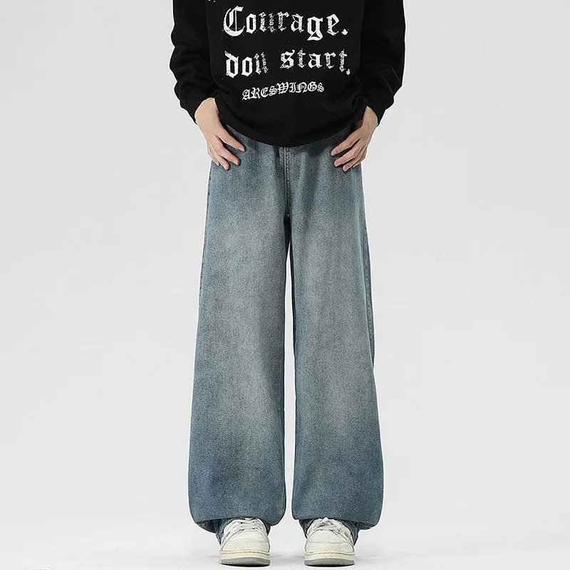 2026 New Loose Straight Leg Jeans Men Classic Versatile Denim Trousers Male Fashion Solid Color Elastic Waist Pants