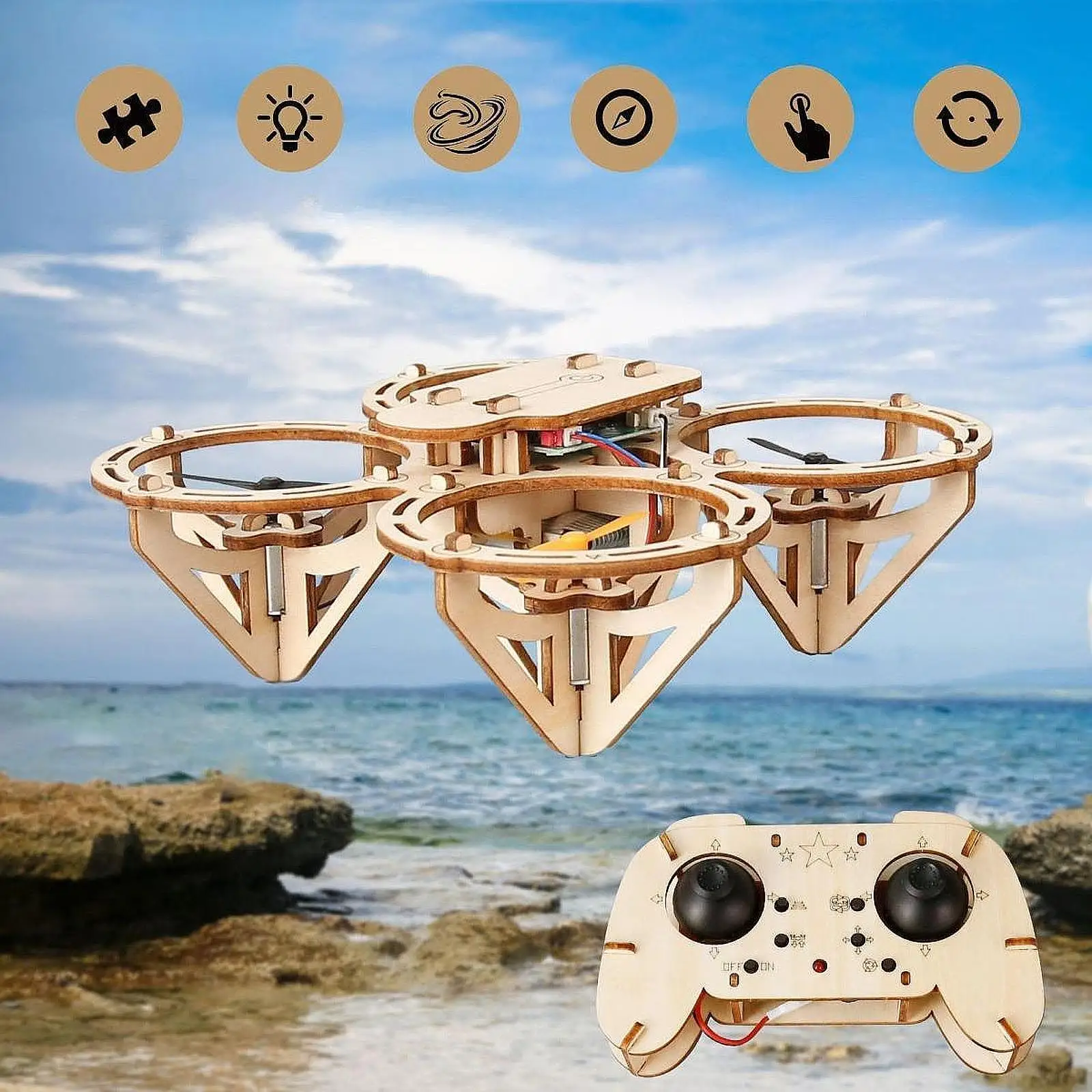 DIY Wooden Quadcopter Science Kit Remote Control Flying Model, RC Aircraft Model Hands on Stem Learning Kit for Kids