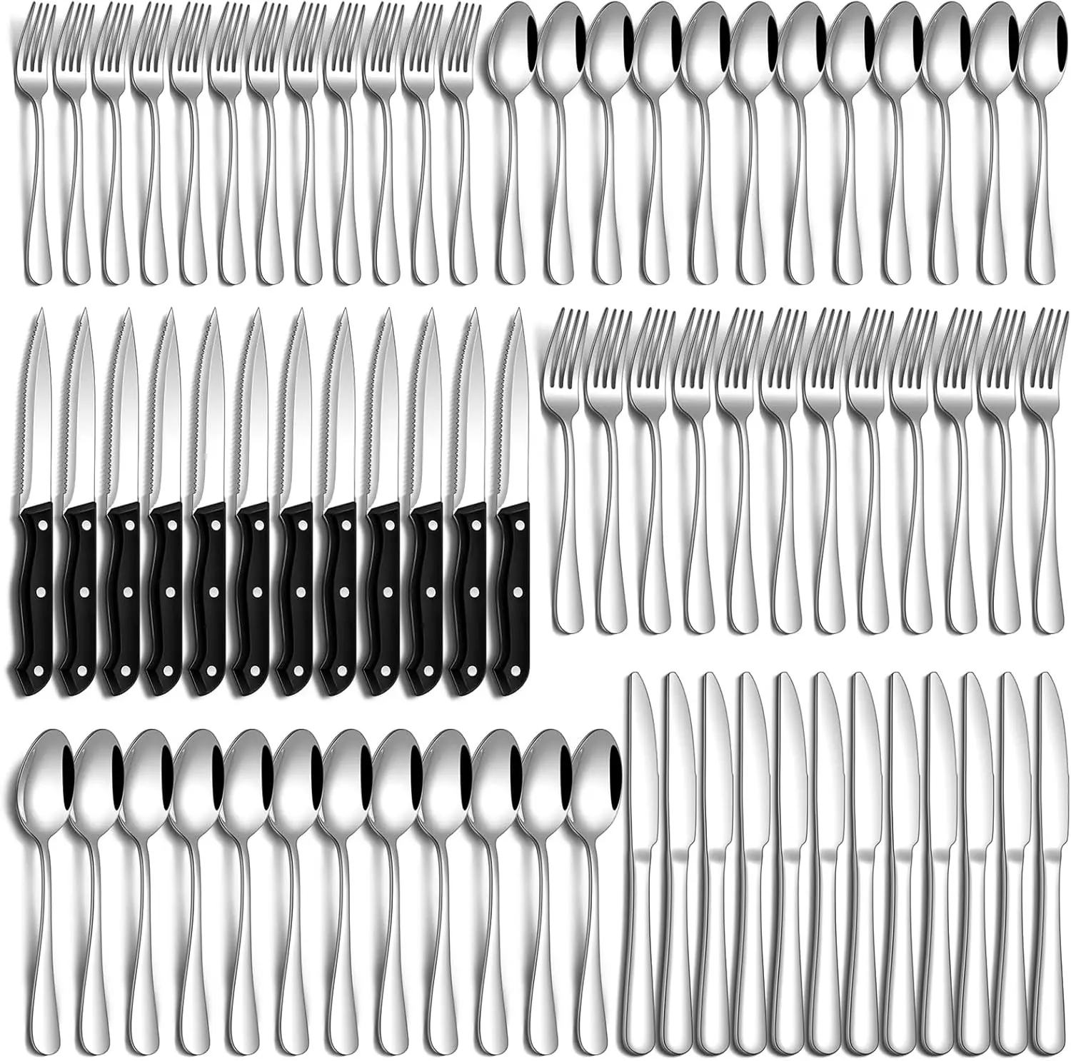 

72-Piece Stainless Steel Silverware Set with Steak Knives, Dishwasher Safe for Home and Restaurant Use