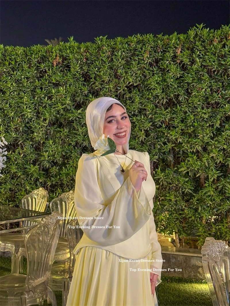 Xijun Modest Baby Yellow Evening Dresses Chiffon Long Sleeves A-Line Formal Prom Dresses Floor Length Dubai Prom Gown Customized