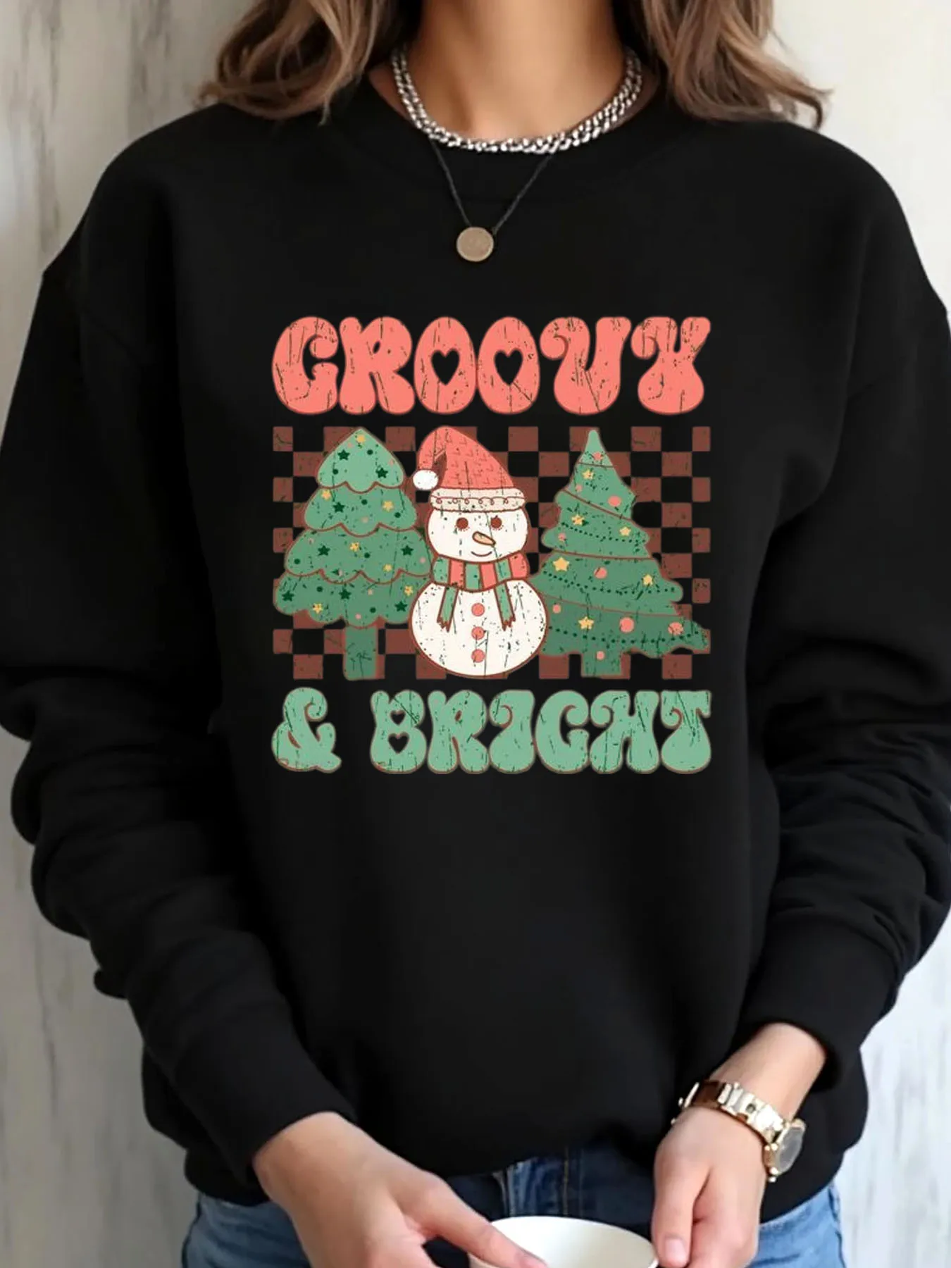 المرأة المتضخم البلوز عيد الميلاد ثلج شجرة رائع مشرق طباعة ملابس في الهواء الطلق #1