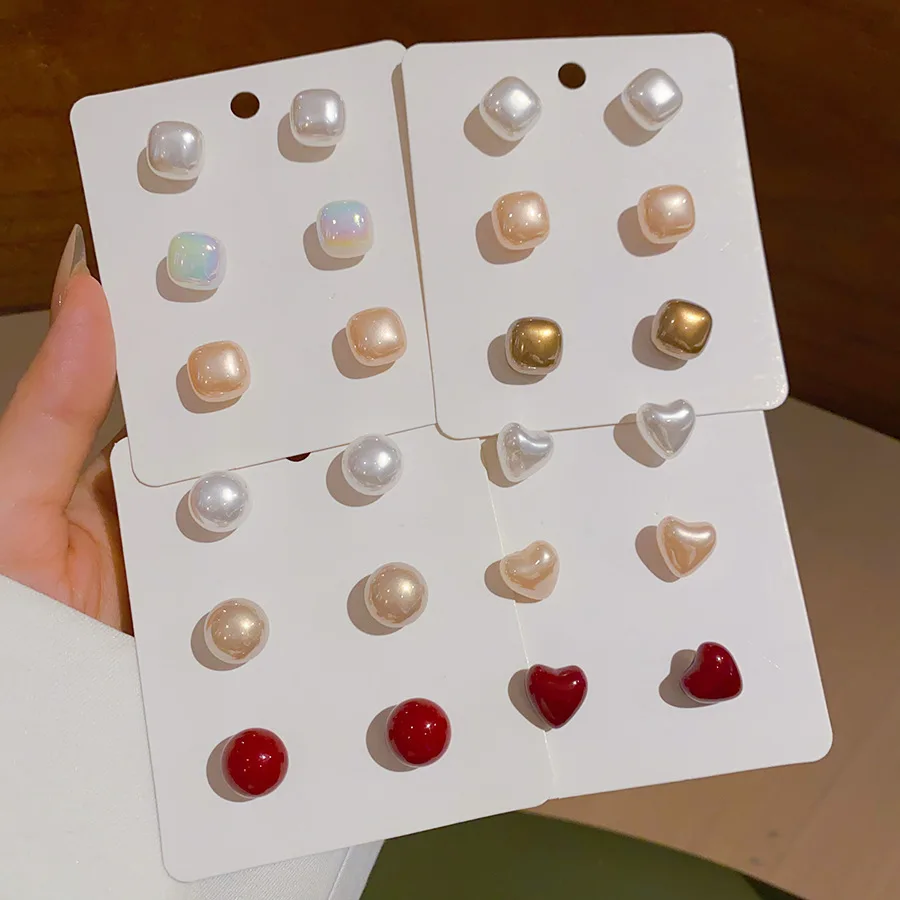 6 Pcs Iridescent Small Imitaton Pearl Stud Earrings Gloss Solid Heart Square Round Flat Ear Studs Simple Fashion Jewelry Set M