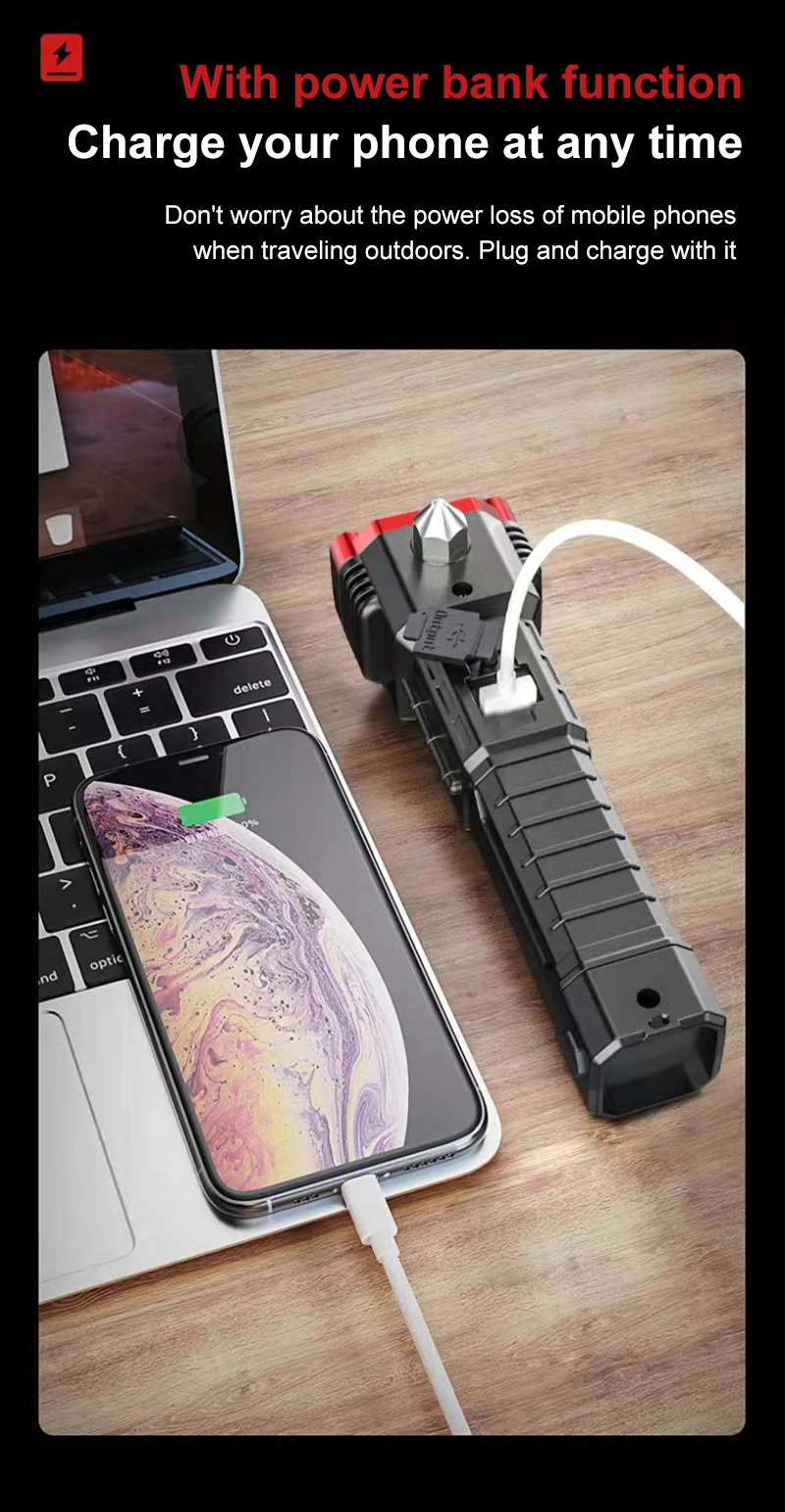 Multi-functional High-brightness Flashlight Car Safety Hammer Handheld Torch Usb Rechargeable Treasure Outdoor Home Searchlight