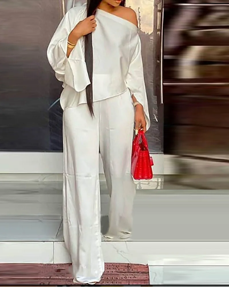 

Fashion Solid Suit For Women Sexy Off Shoulder Slope Collar Bell Sleeved Top Straight Trousers 2 Piece Set 2024 Autumn New
