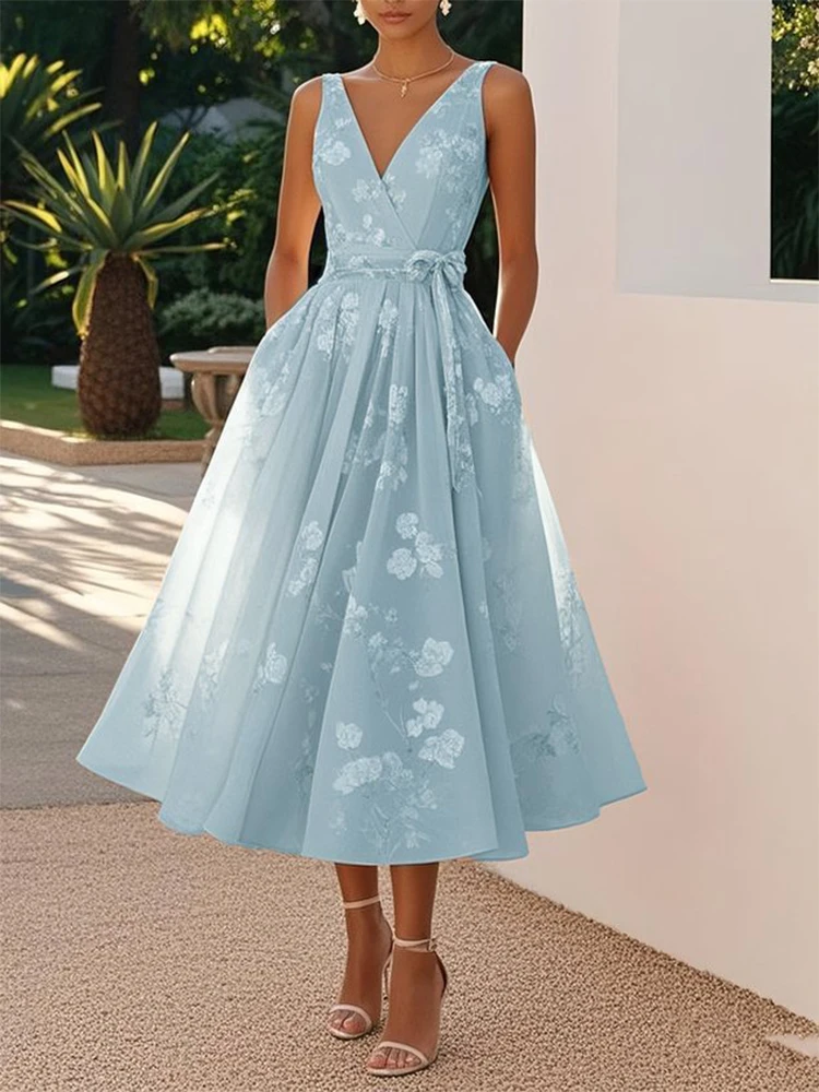 Elegant Pleated A-line Wedding Guest Dress Sleeveless V-Neck Vintage Floral High Waist Evening Dress for Women's with Sashes