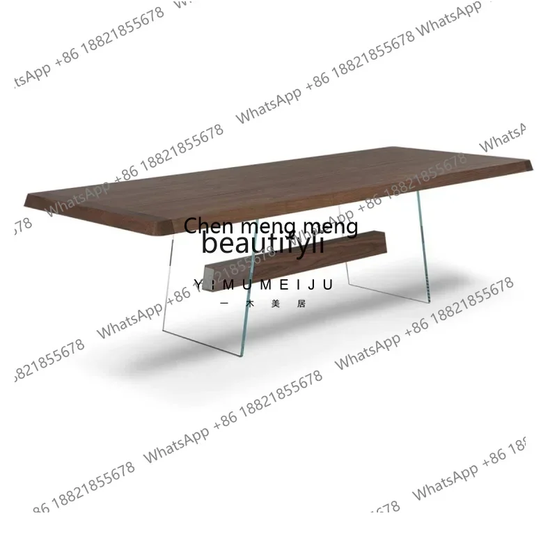 

ss 8350 Italian Furniture Light Luxury Modern Minimalist Black Walnut Solid Wood Dining Table Glass Minimalist Tea Table