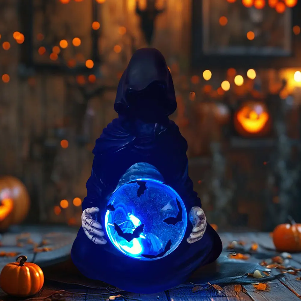 Halloween Sensenmann Statue Die Todesgötter Kristallkugel mit fliegenden Fledermäusen Kristallkugel Sensenmann Figur Halloween Dekoration