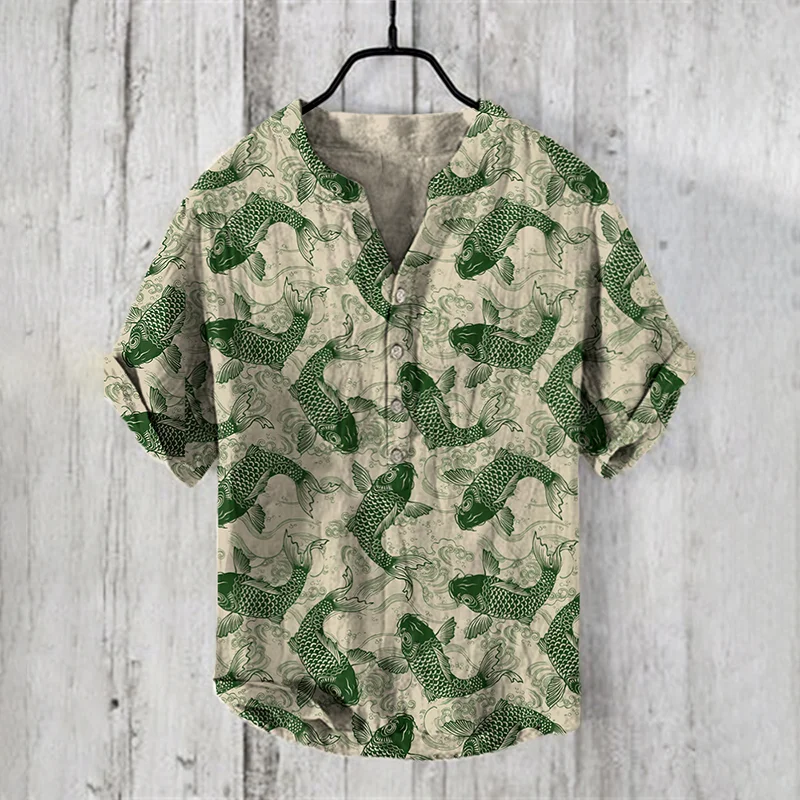 

Spring and summer shirt independent station casual carp pattern Hawaiian style printed shirt men's stand-up collar top