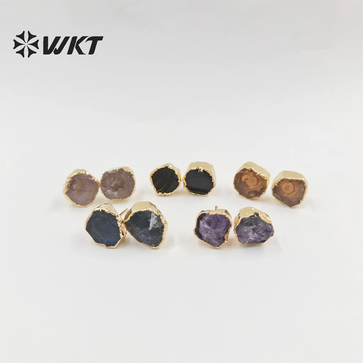 WKT-E673 Women Vintage Bohemian Raw Stone Studs Without Polish Fashion Gold Plated Hand Cut Natural Rose Quartz Earrings Jewelry