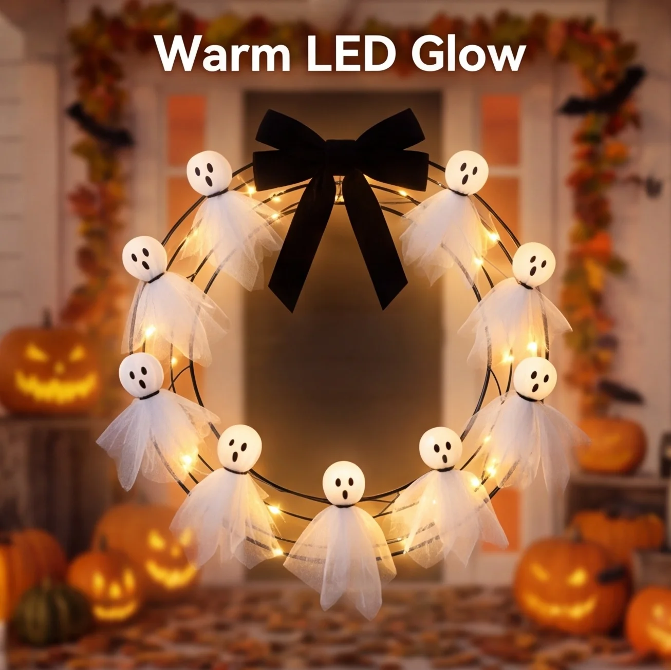 Halloween Ghost Wreath with Lights 15.7 Inch 12 Tulle Wrapped Figures 8 Lighting Modes Remote Timer for Front Door Porch Window
