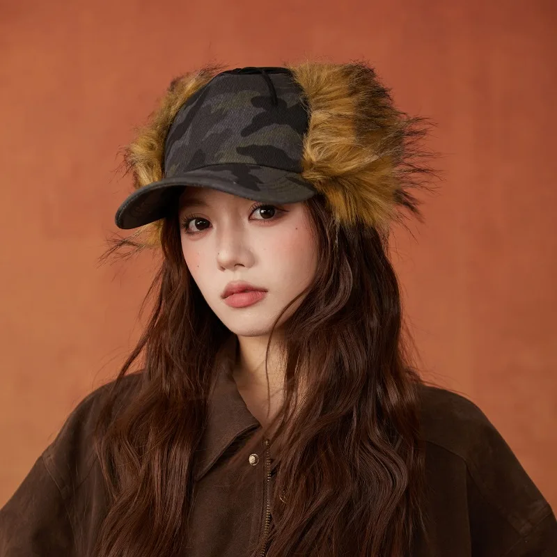 الكورية التمويه طباعة أفخم حماية الأذن قبعة بيسبول الرجال والنساء الاتجاه سميكة ودافئة ركوب حزام تحلق منفذها القبعات
