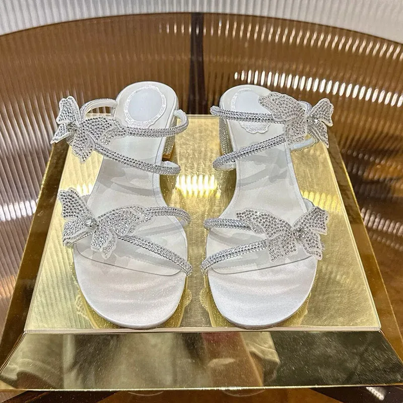 

Slippers Women Open Toe Dress Shoes Bling Bling Rhinestone Flower Decor Square Heels Sandals Summer Fashion Party Shoes