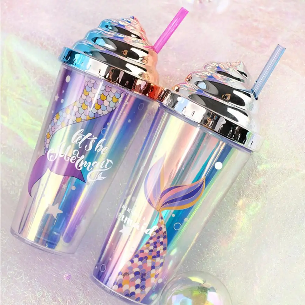 420ml Water Cup with Straw Double Wall Heat Insulated BPA Free Leak-proof Drinkware Plastic Mermaid Pattern Sippy Cup