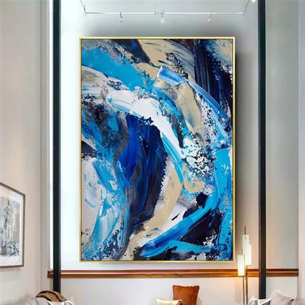 Abstract Knife Painting Thick Oil Texture Blue Large Wall Art Picture Handmade Oil Paintings on Canvas Art For Living Room Decor
