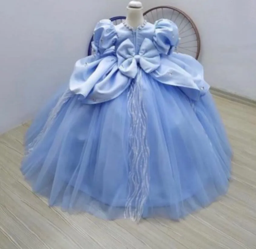 Vestido artesanal de tule com arco para meninas, flor azul, vestido de aniversário artesanal, vestido de primeira comunhão com arco