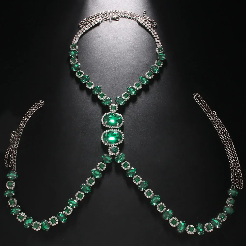 2026 Green Crystal Rhinestone Body Chain Harness Men Jewelry Punk Body Chain Collar Statement Bra Necklace Accessory Party