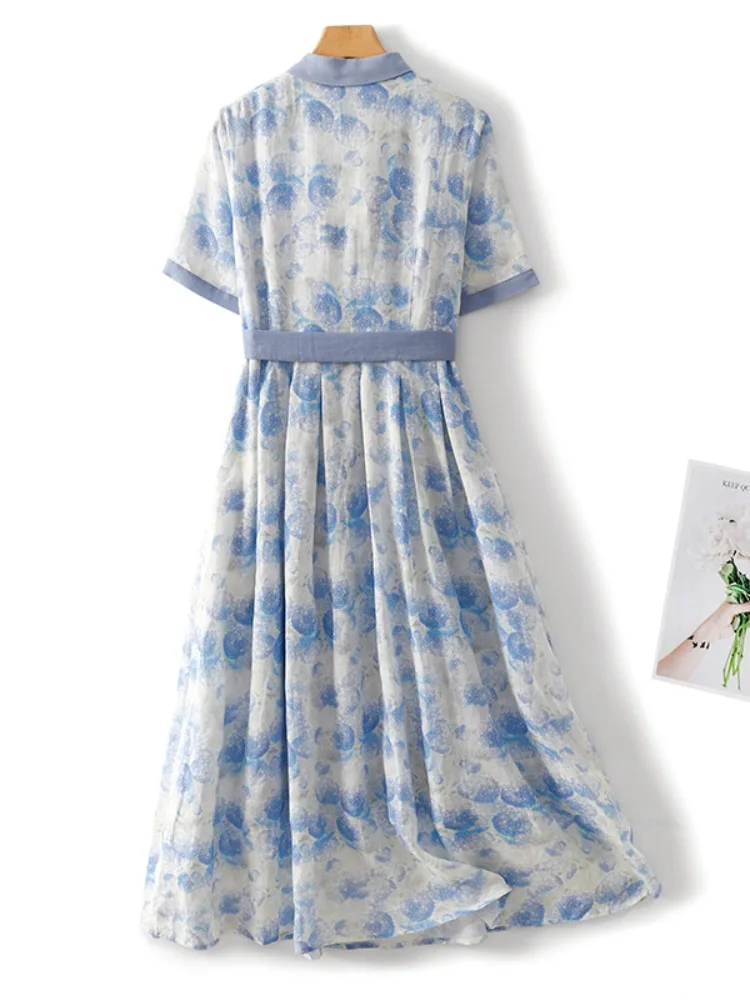 Ele Blauw Katoen Linnen Print Dr Dames Zomerontwerp Afslankende Taille Reizen Lange Rok A-lijn Midi Dr Enkele knop