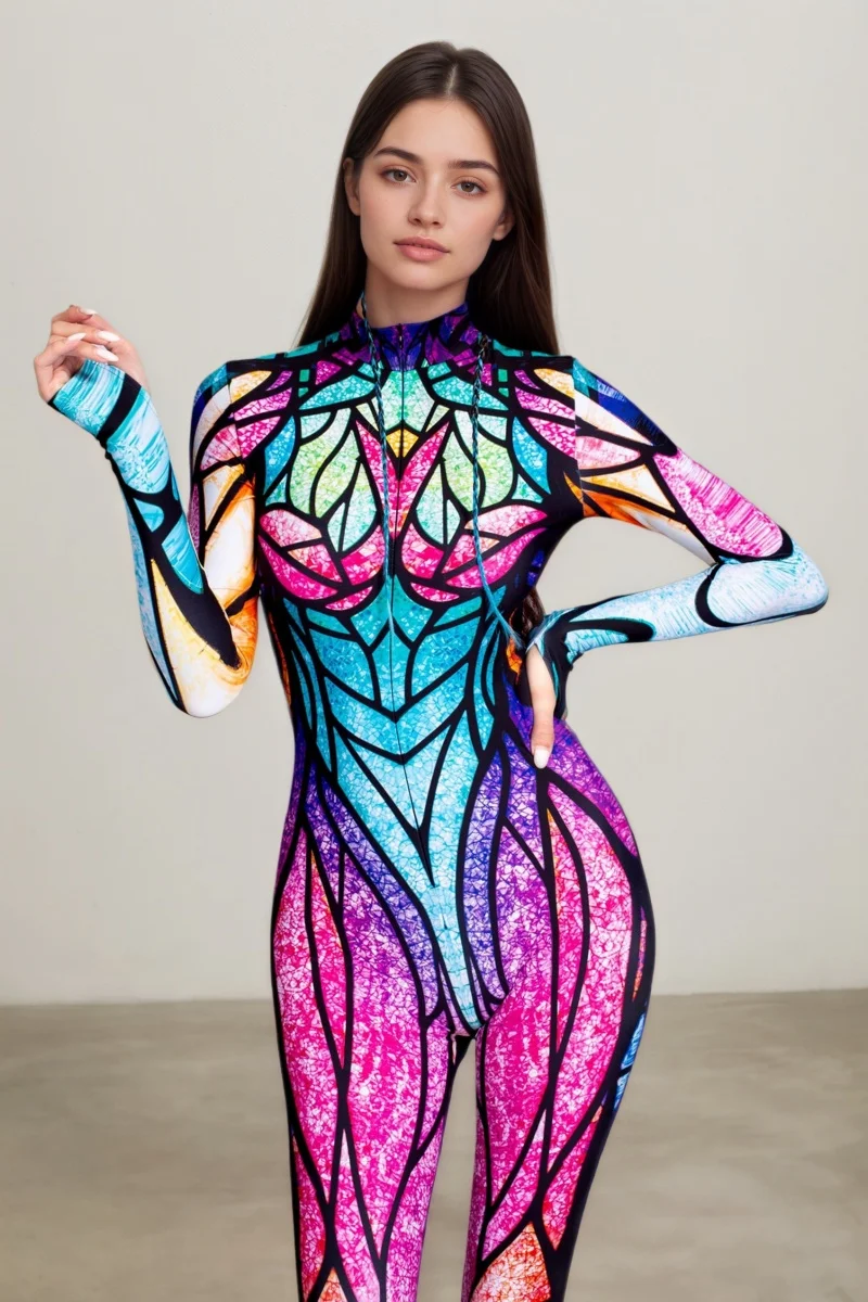 Neuer bunter Schmetterlings-Print-Cosplay-Bodysuit für Damen, Erwachsenen-Halloween-Karnevalsparty-Märchenkostüm, Bühnenkostüm, Zentai-Anzug – Detail 9