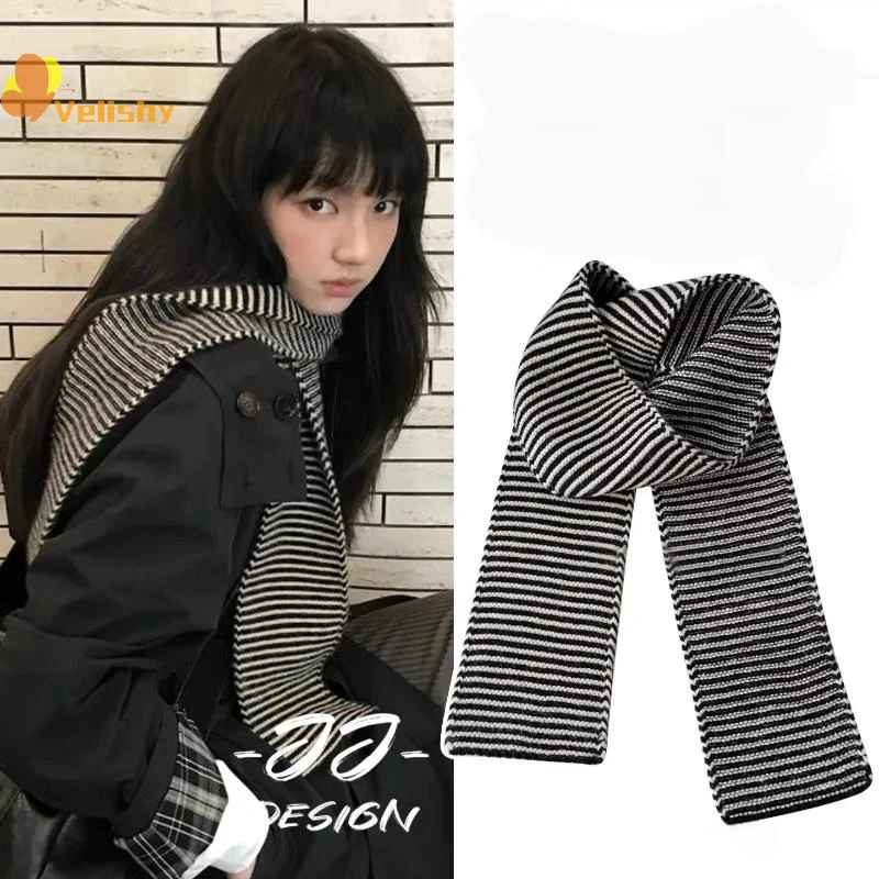 

Classic Black White Striped Knitted Scarf Autumn Winter Warm Anti-Cold Wraps Scarf Versatile Shawl For Women