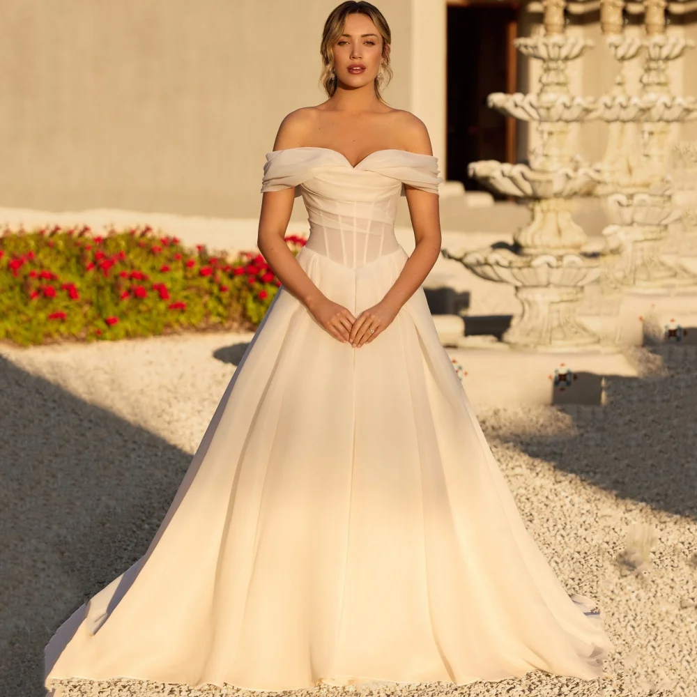 

A Line Customized Wedding Dresses Off Shoulder Tulle Bride Dress Simple Sweetheart Bridal Gowns Boho Vestidos De Novia
