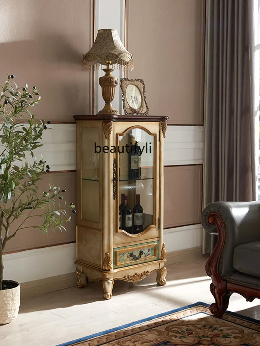 Solid Wood Wine Cabinet Multi-Functional European-Style Living Room Glass Door Side Cabinet Low  Wall Display Cabinet