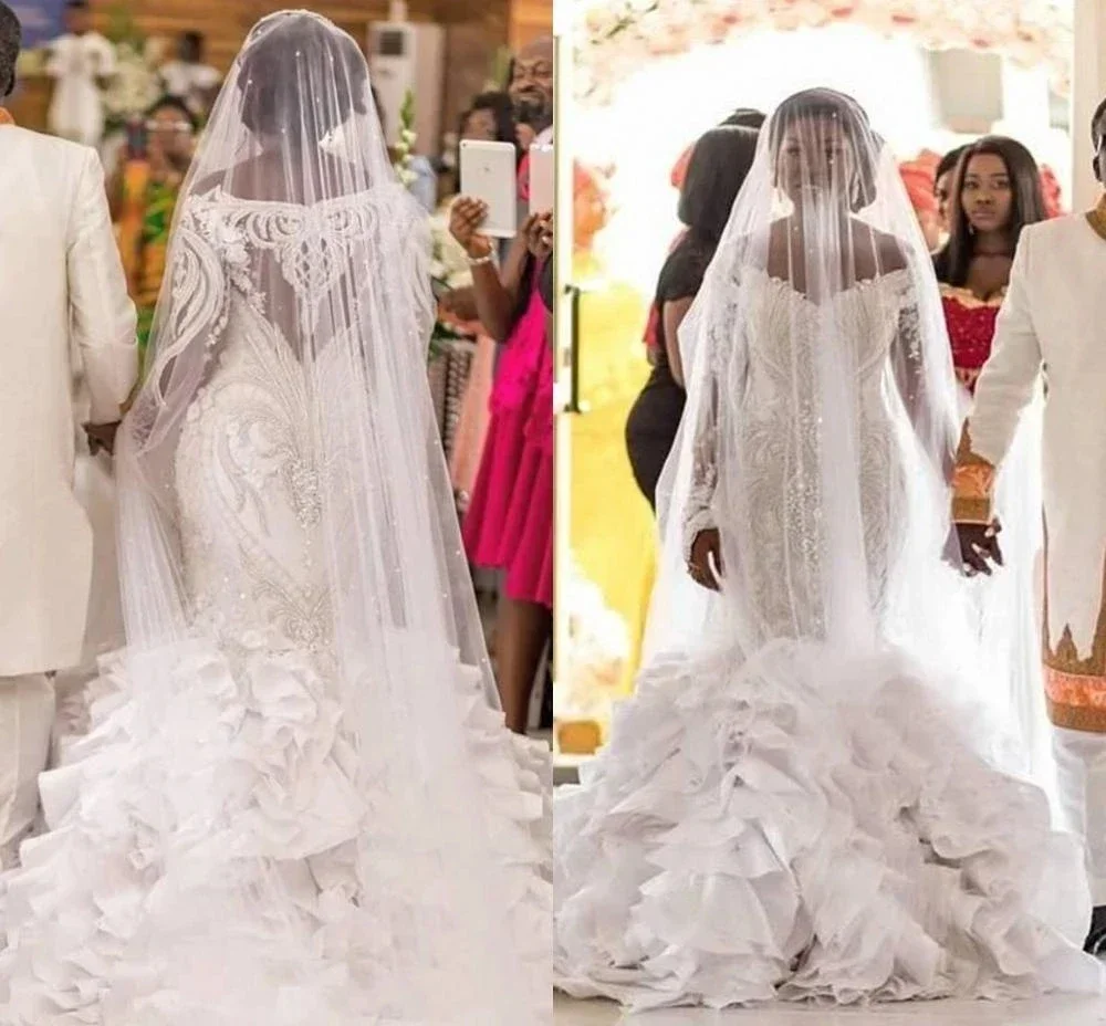 

Свадебные платья русалки с длинными рукавами по индивидуальному заказу, многоуровневая юбка с африканскими оборками, кружевная аппликация, большие размеры, свадебные платья принцессы, Vestid