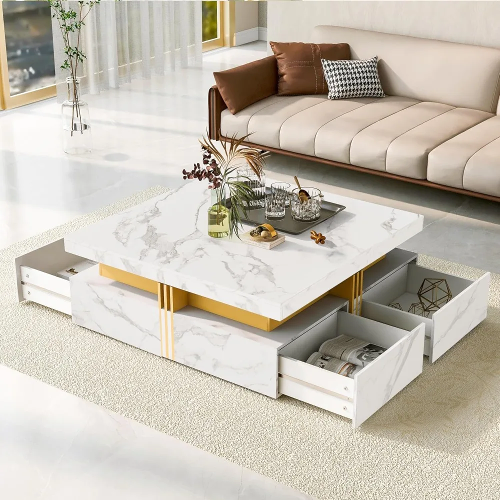 White Marble Coffee Tables for Living Room, Square Coffee Table with 4 Storage Drawers, Modern Center Table Cocktail Table