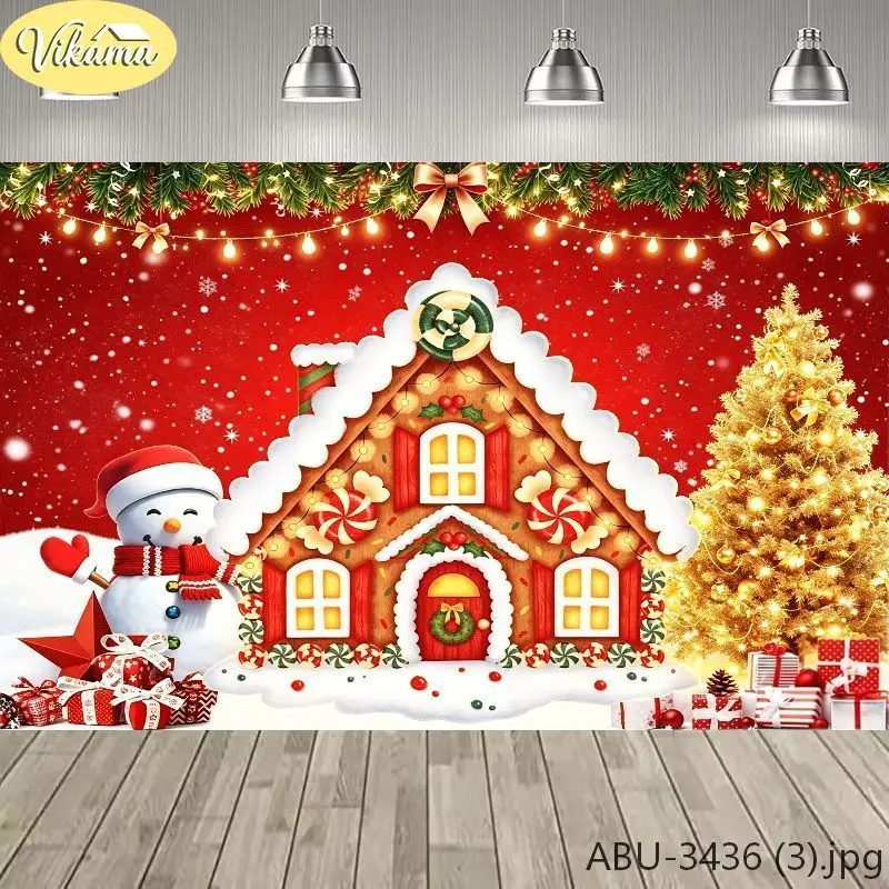VIKAMA Photography Background Christmas Red Snowman Cabin Scene Photo Backdrop Family Party Birthday Festival Home Decor