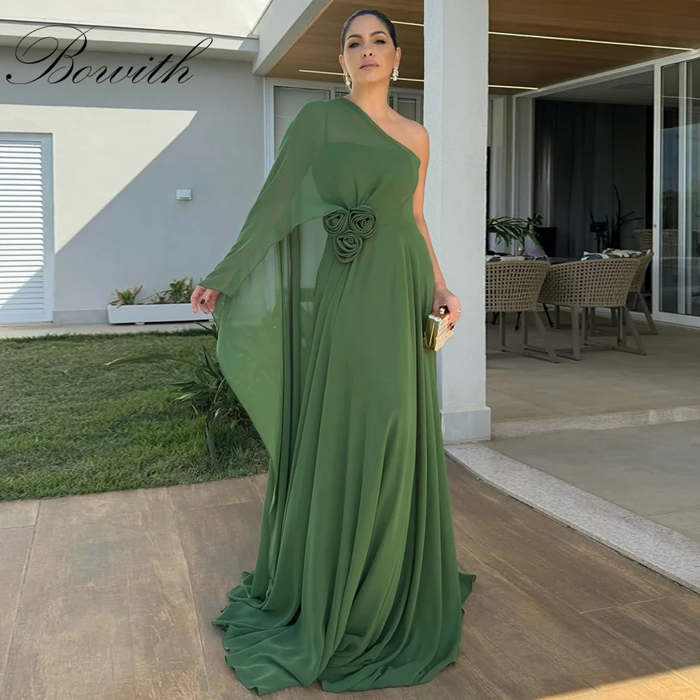 

Bowith Olive Green Prom Dresses Women One-Shoulder Chiffon Summer Beach Party Dresses Customized Wedding Party Dress for Guest