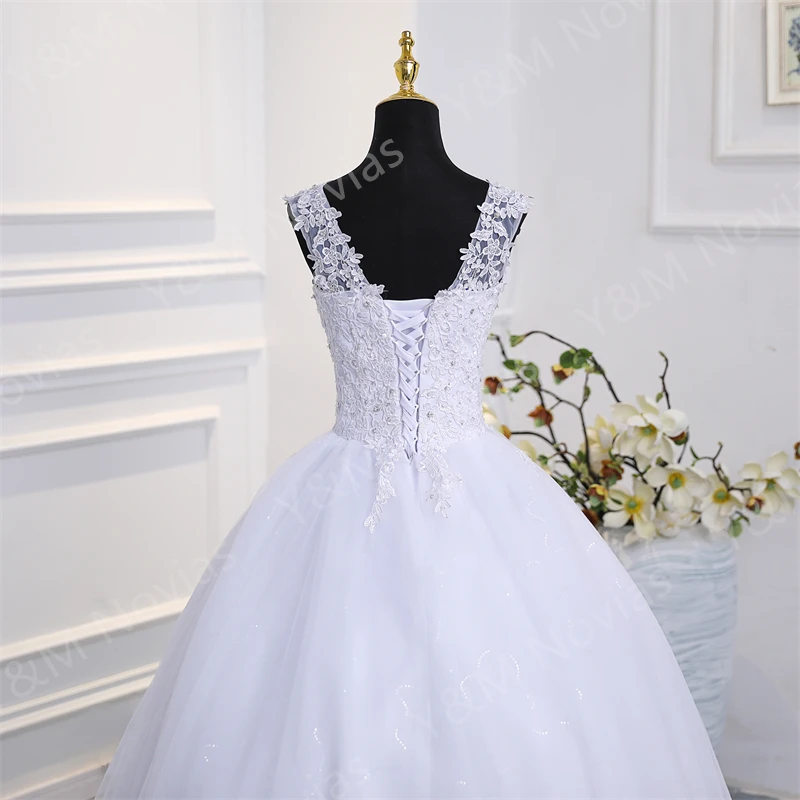 Y&M Novias Crystal Bead V neck Beautiful Lace Appliques Wedding Gown Embroidery Ivory Wedding Dress A line Customized Plus Size