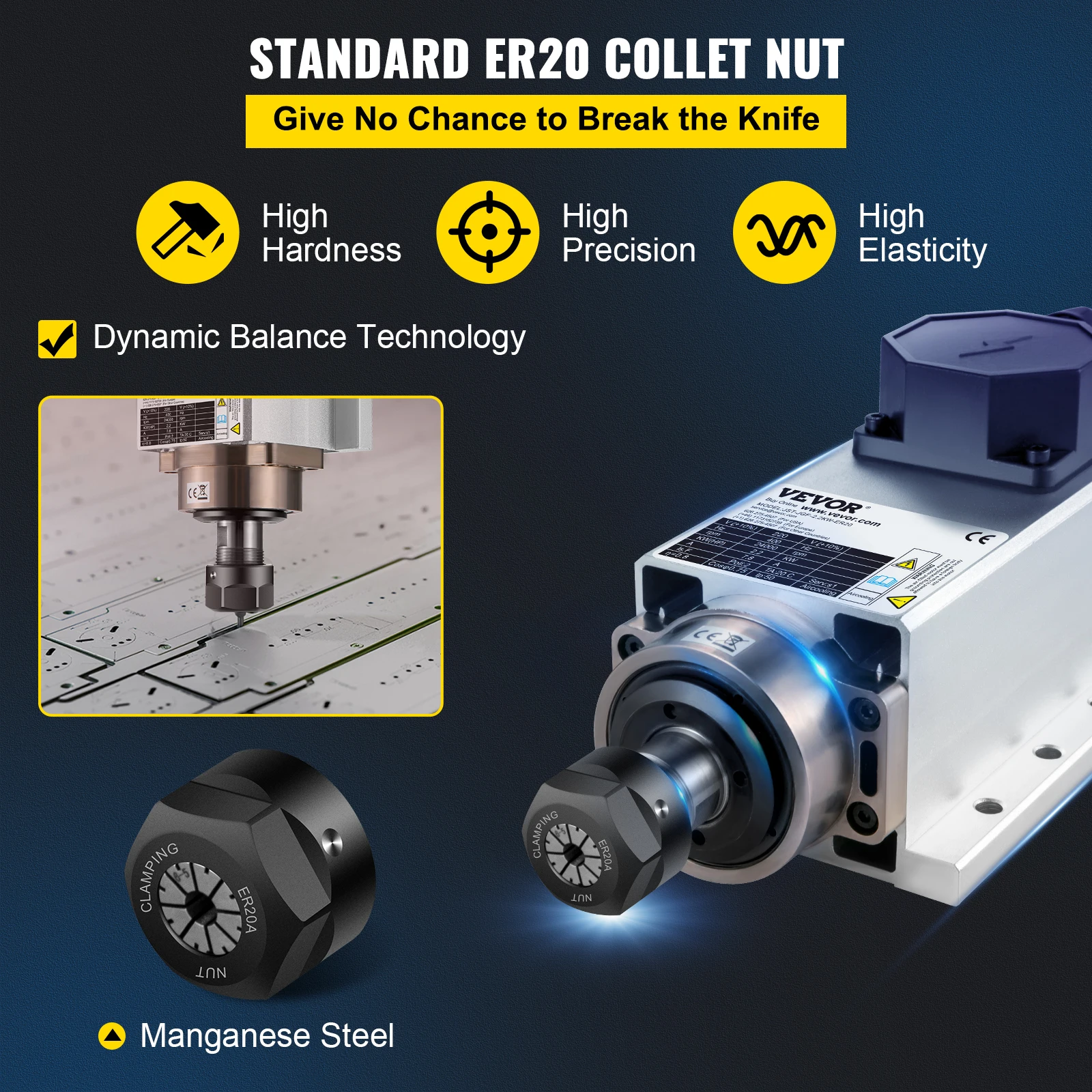 VEVOR 2.2KW CNC kwadratowy silnik wrzeciona chłodzony powietrzem ER20 tuleja zaciskowa 4 łożyska przetwornica częstotliwości CNC Router grawerowanie