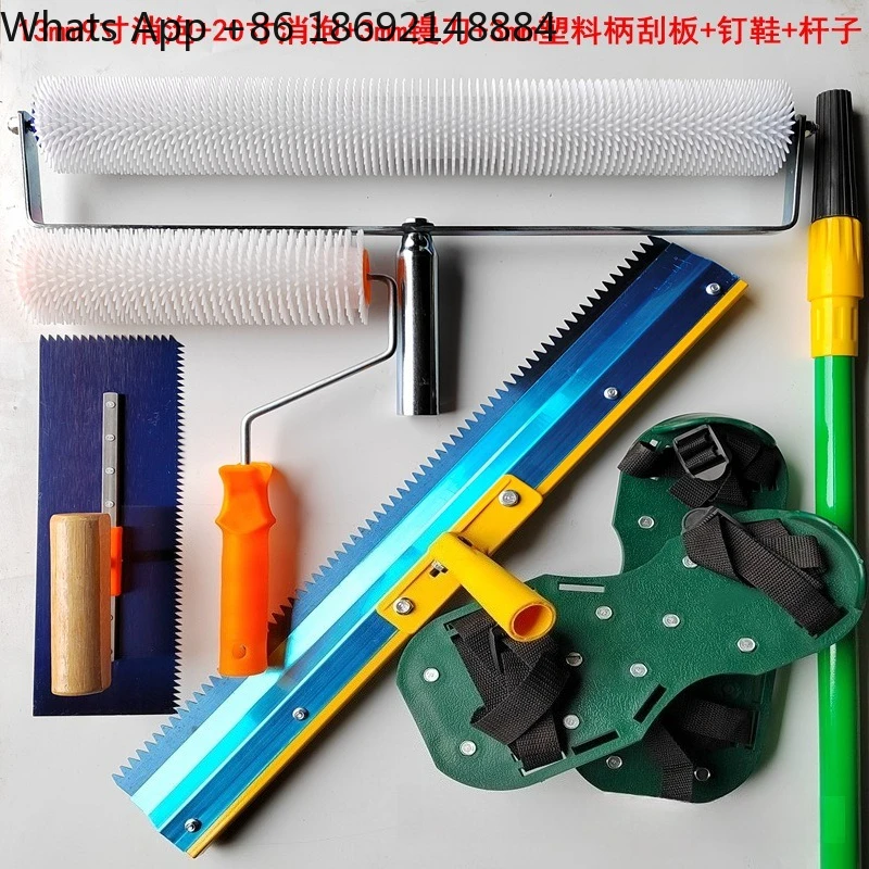 Cement self-leveling tool set, defoaming roller with teeth scraper spike shoes extended pole floor paint tool set